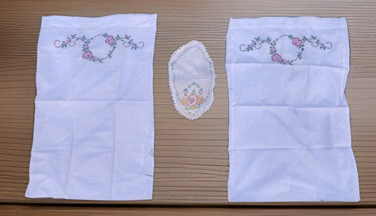 VTG 40s Pillowcases Floral Cross Stitch Embroidered Handmade Lace Doily Cottage