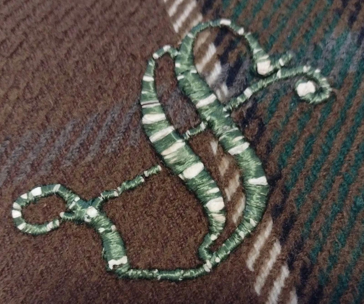 VTG 70s Wool Plaid Stadium Blanket Brown Green Double Cloth Fringe Monogram S