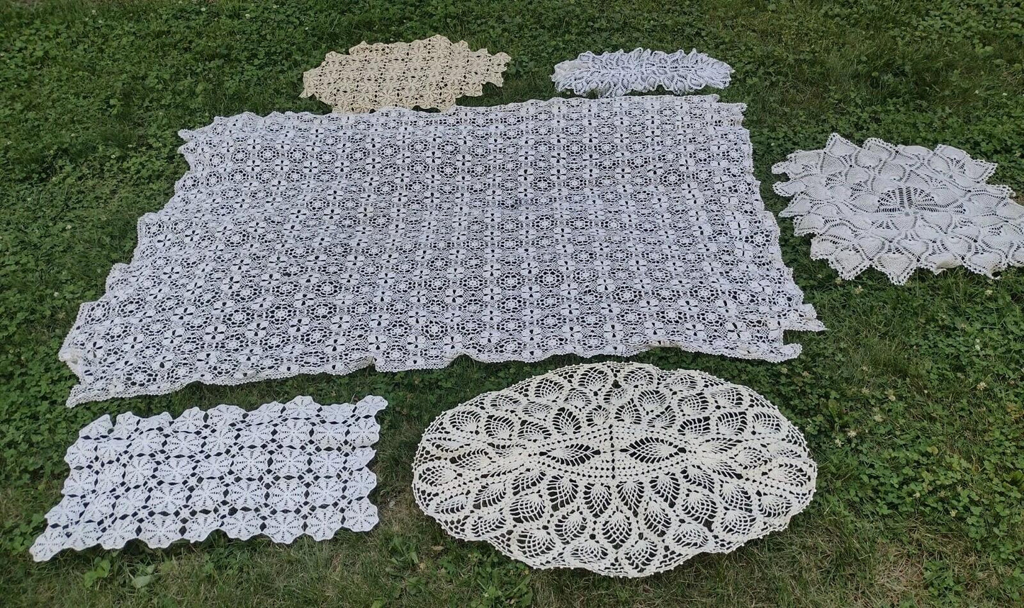 Vintage 40s-60s Crochet Lace Tablecloth + 5 Doilies/Runners Lot White & Ecru