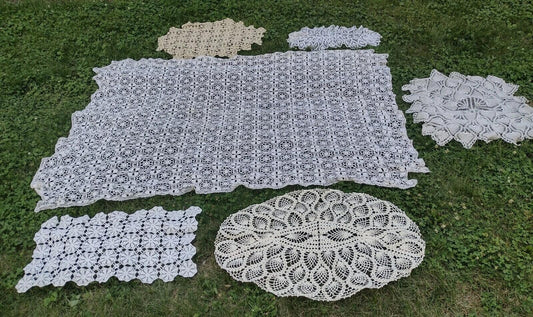 Vintage 40s-60s Crochet Lace Tablecloth + 5 Doilies/Runners Lot White & Ecru