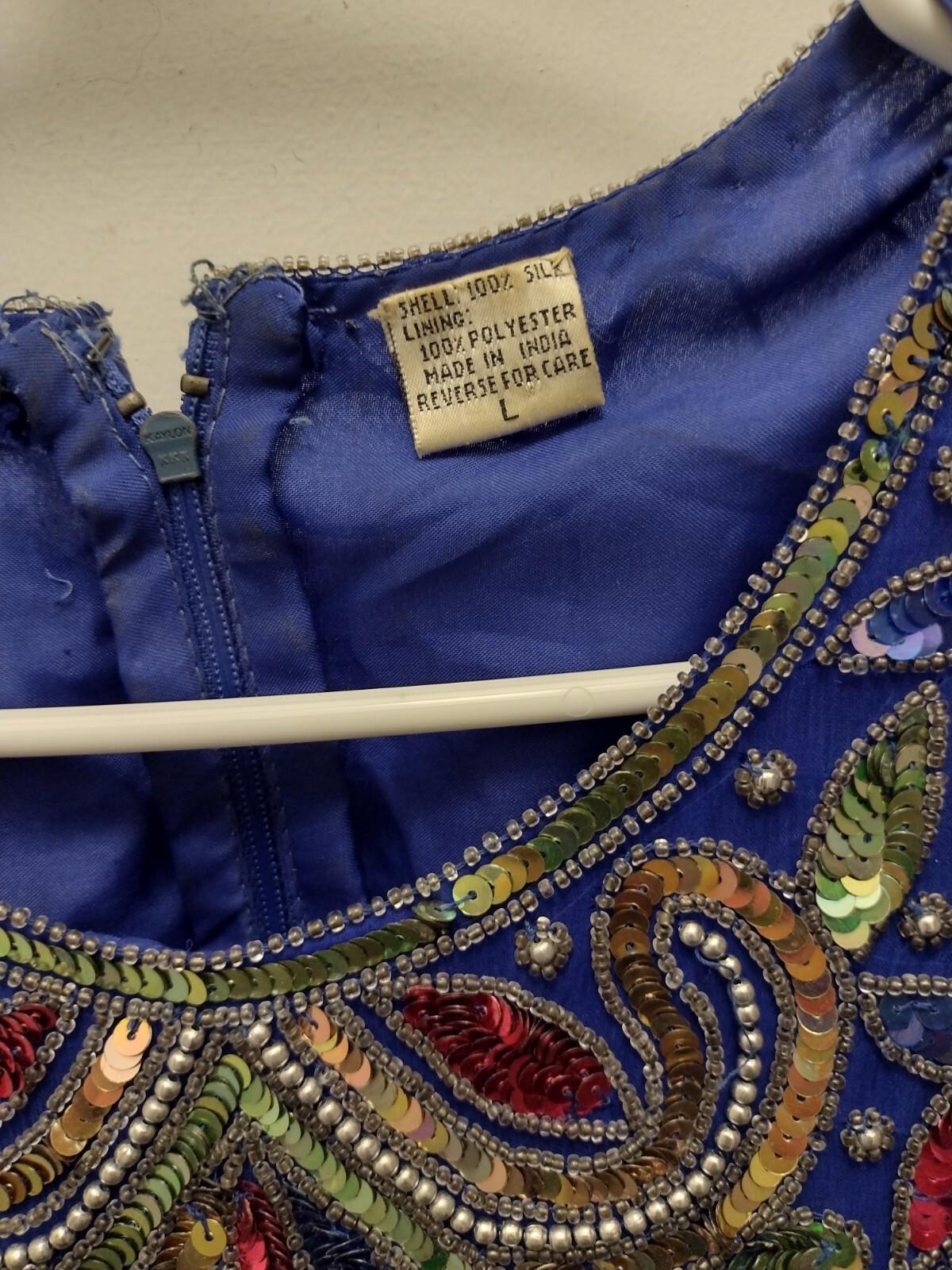 Denise Elle Vintage 80s Blue Beaded Sequin Silk Dress Sz L