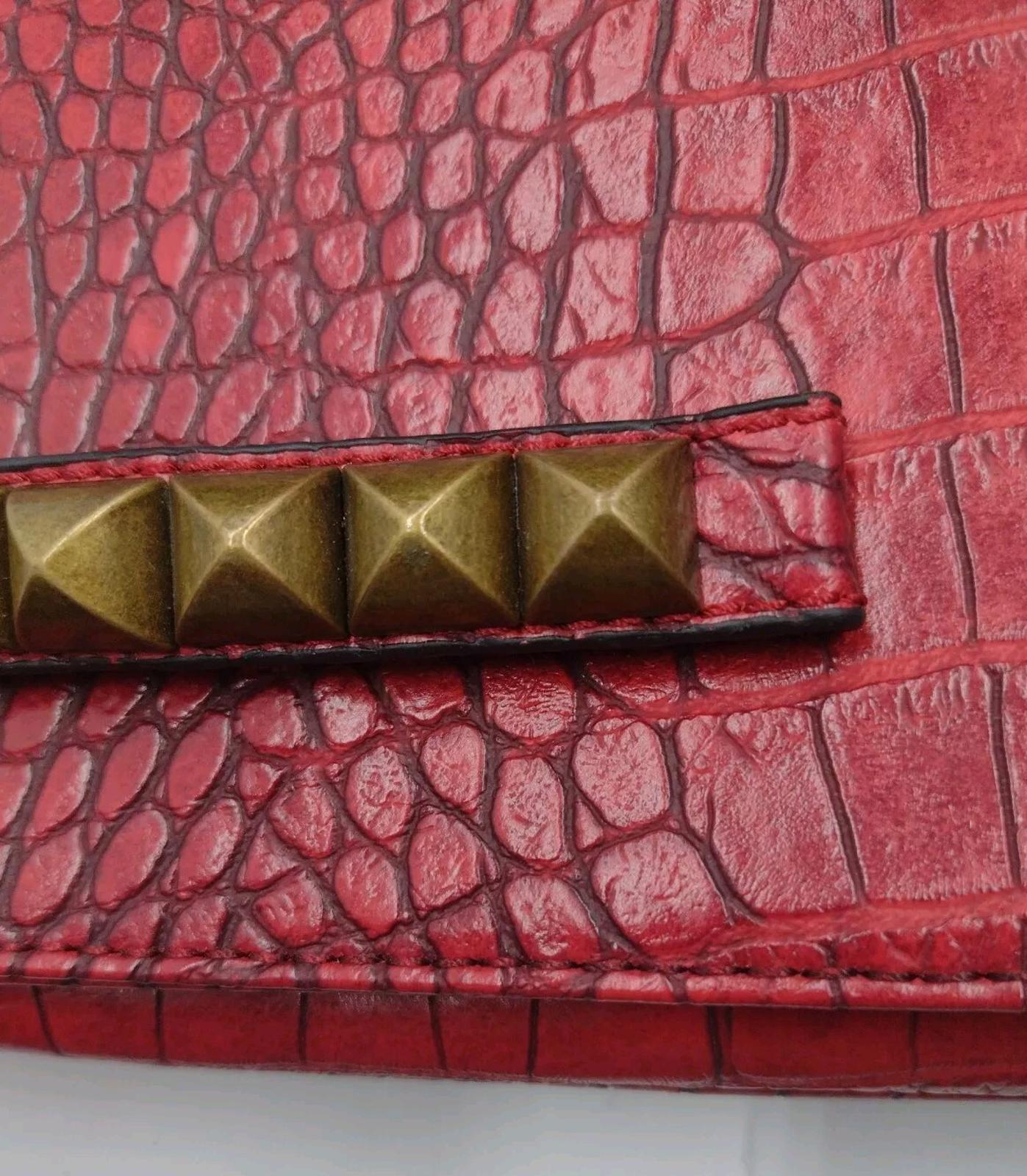New Red Vegan Leather Croc Embossed Shoulder Bags / Clutch W Brass Stud Accents