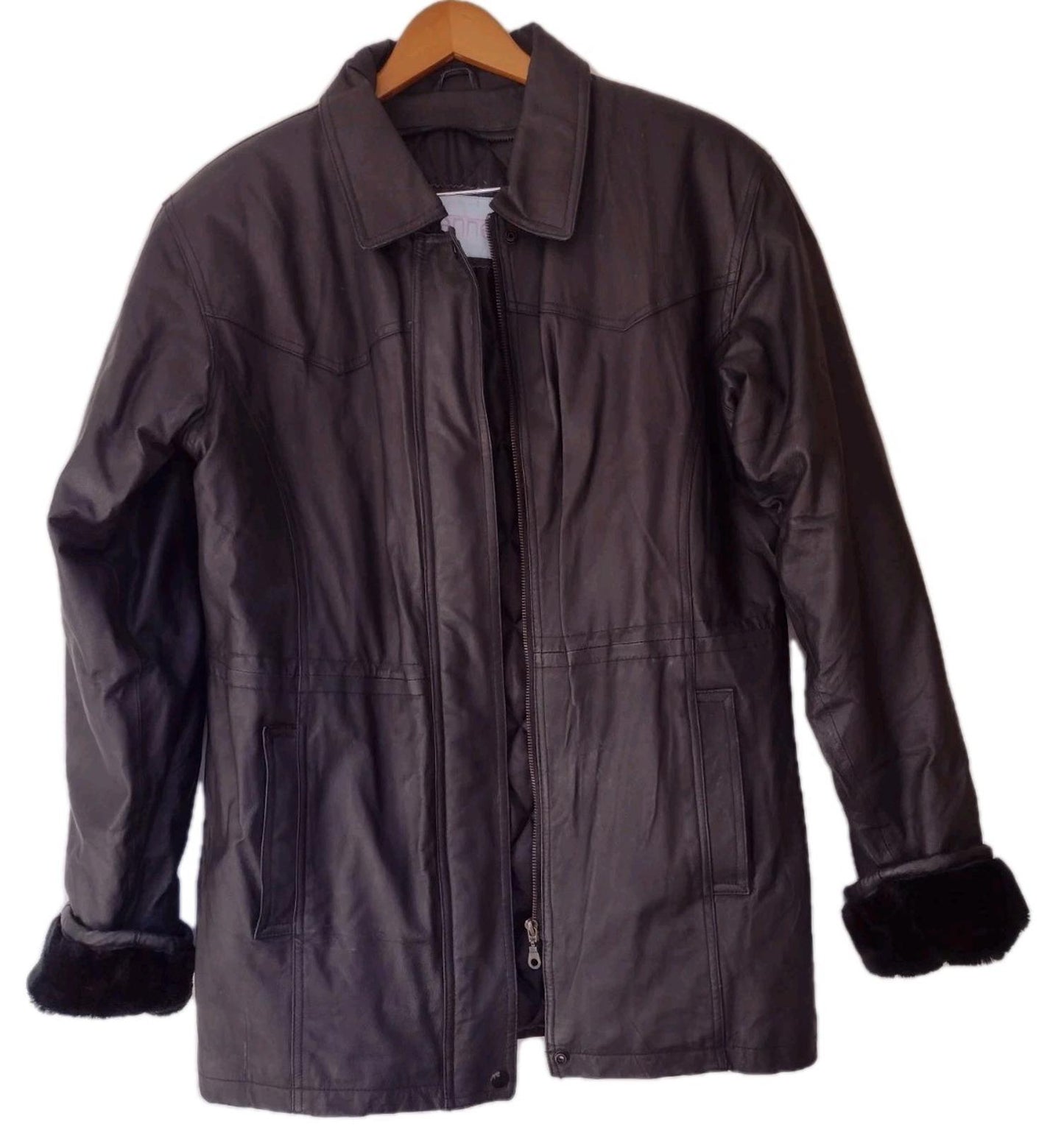 Vintage Etienne L Black Leather Jacket Quilted Lining Brass Zip Faux Fur Cuffs
