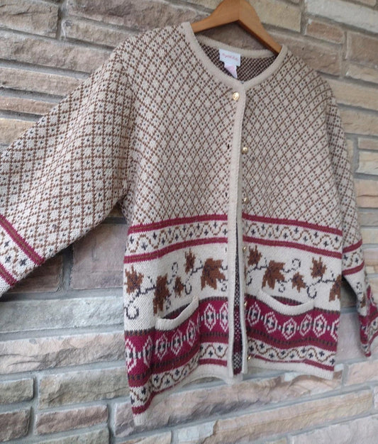 Vintage Crystal-Kobe Leaf Knit Cardigan Small Acrylic Fall Sweater Mexico
