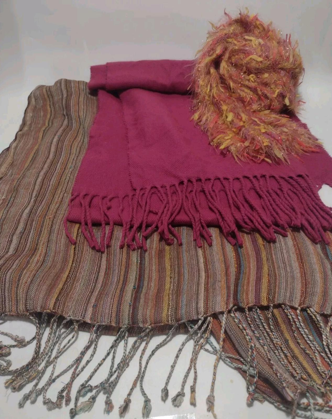 Lot Of 3 Scarves Scarf Lot Multicolor Stripe, Solid Fuchsia & Multicolor Knit
