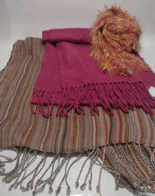 Lot Of 3 Scarves Scarf Lot Multicolor Stripe, Solid Fuchsia & Multicolor Knit