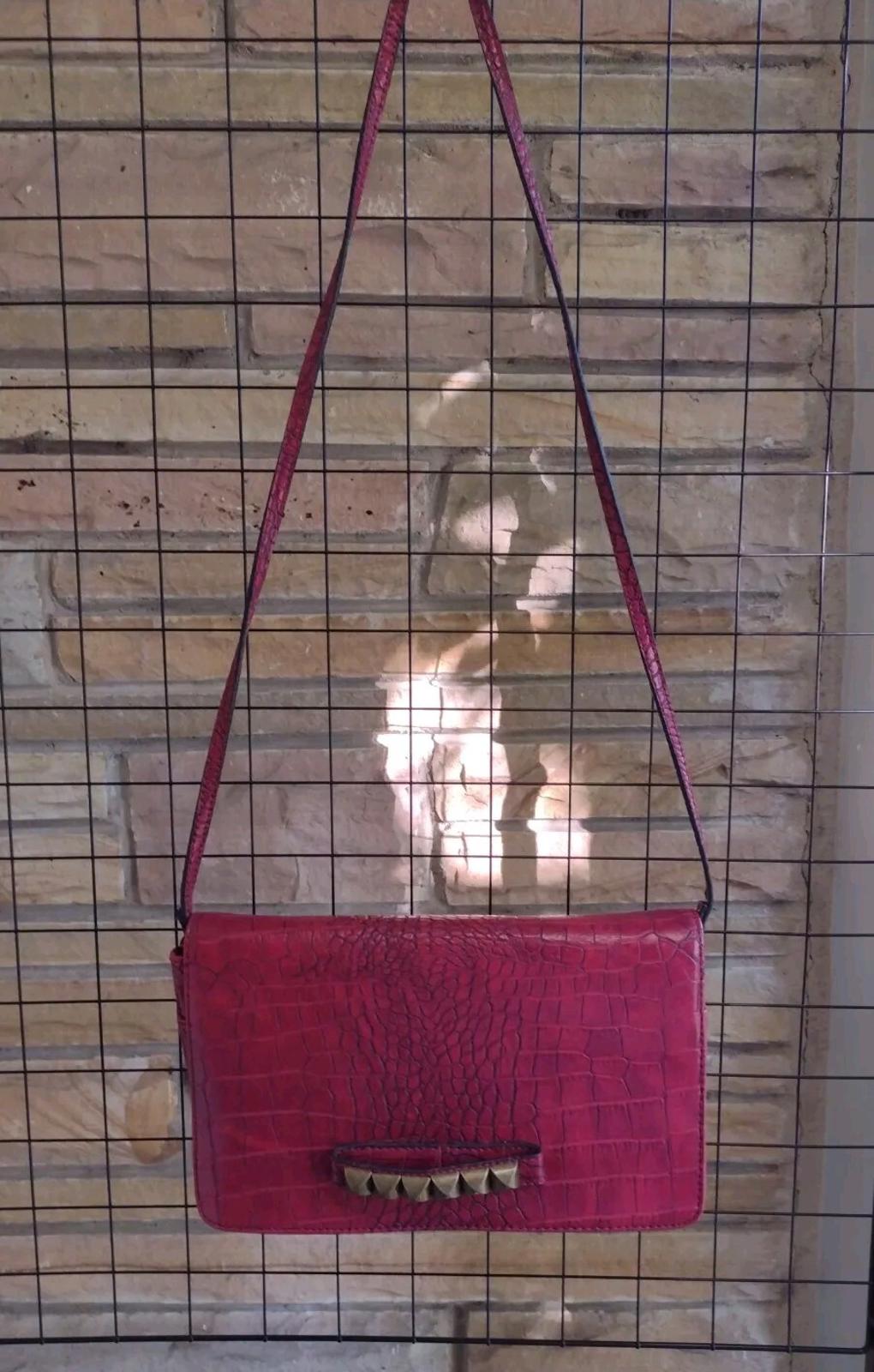New Red Vegan Leather Croc Embossed Shoulder Bags / Clutch W Brass Stud Accents