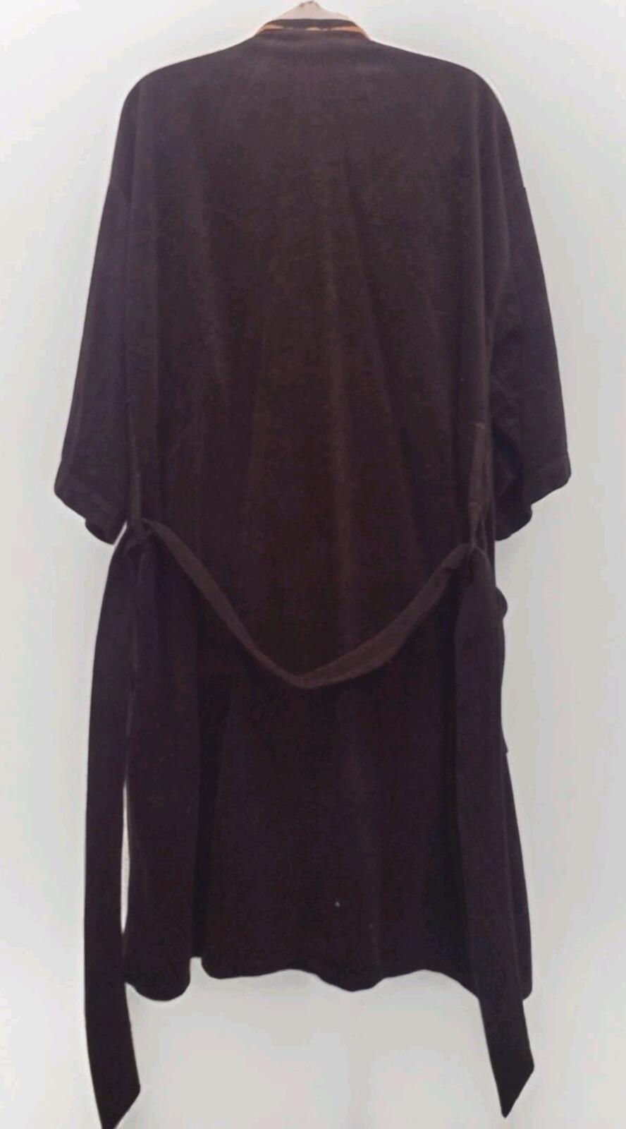 Vintage 70s Swinger Velour Robe Brown Tan Trim Belted OSFA 80s Lounge Wear