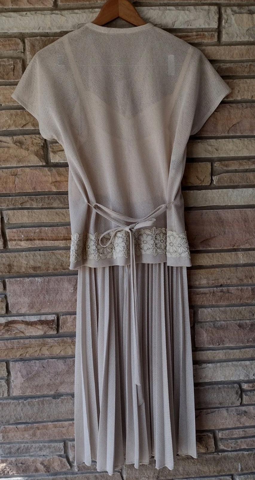 Marion McCoy 60s Mesh Lace 2 Pc Dress Set Pleated Skirt California M Beige
