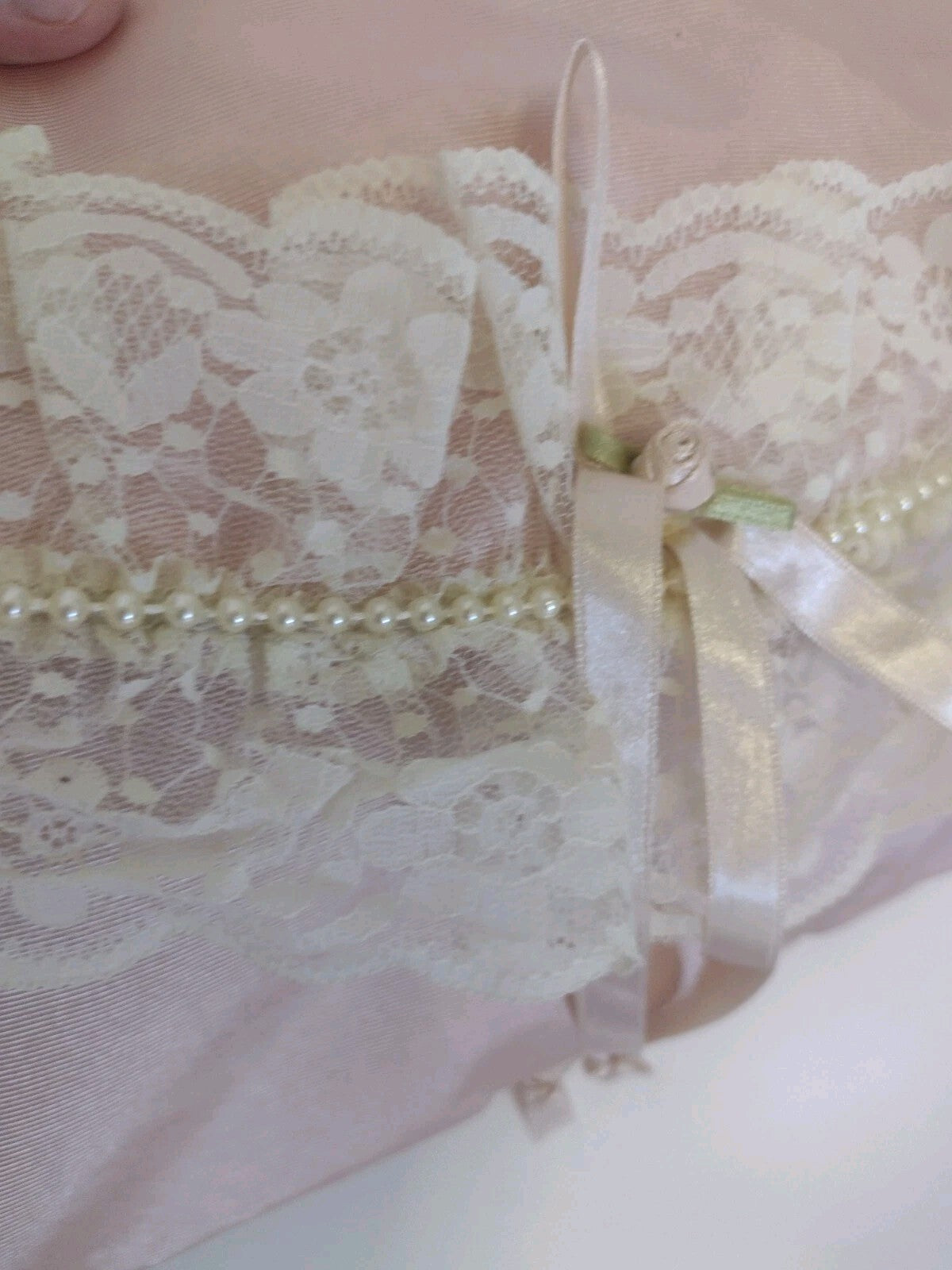 Vintage 80s Victoria's Secret Satin Lingerie Pouch Clutch Pink Lace Pearl Bridal