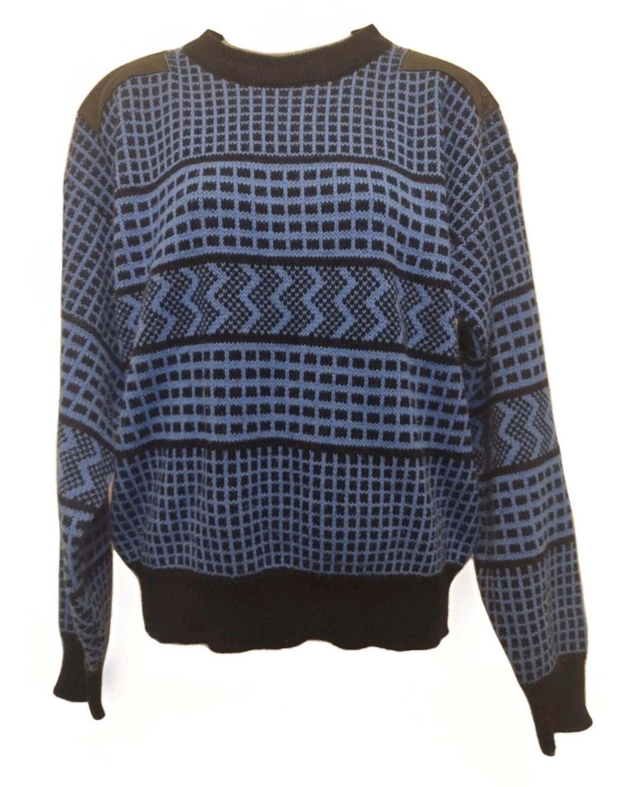 VTG 80s Men's Jonie Geometric Sweater L Korea Blue Black Knit Leather Patches