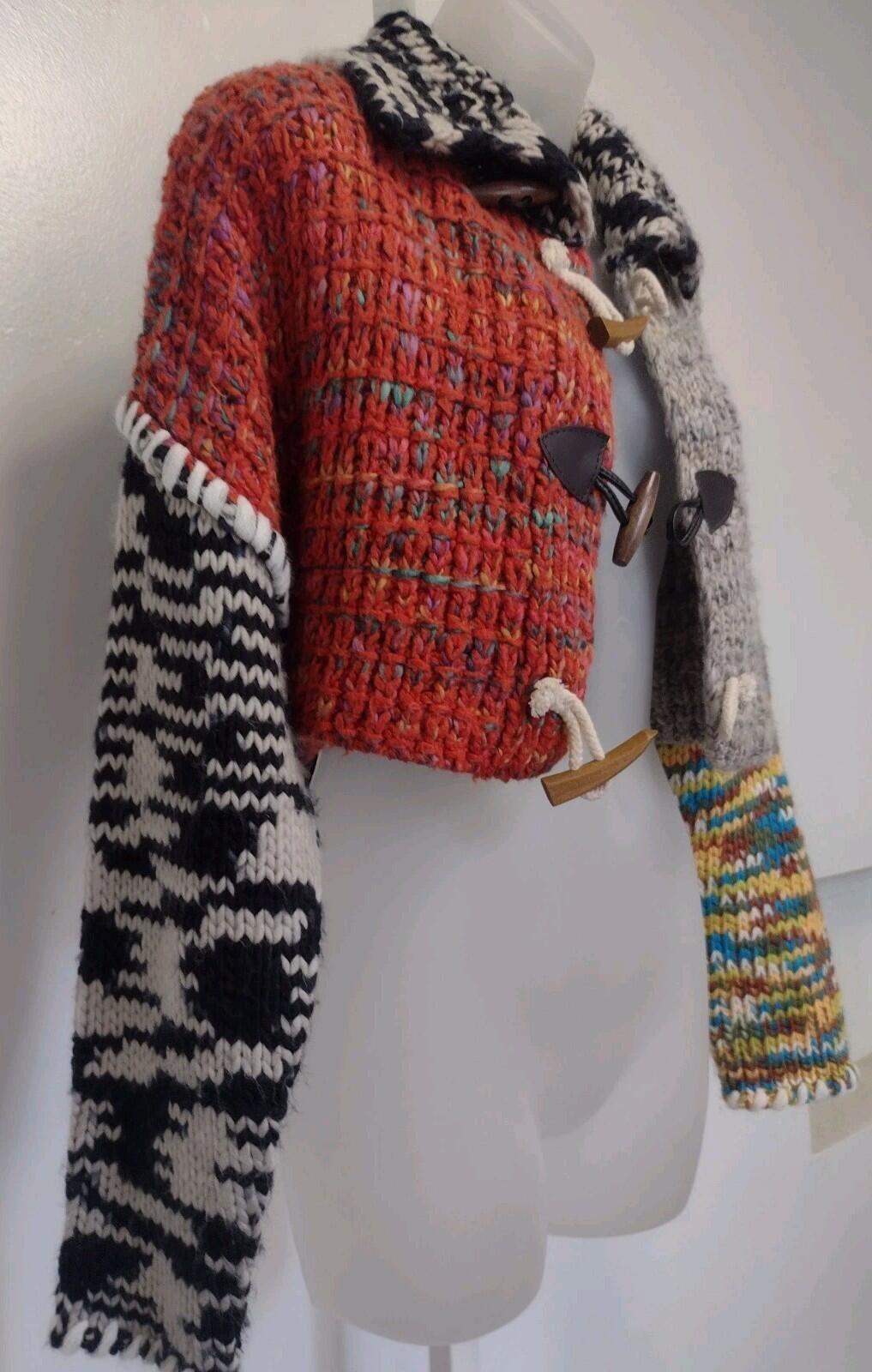 BDG Urban Outfitters Flynn Toggle Cardigan Chunky Knit Patchwork Cropped Sz XS