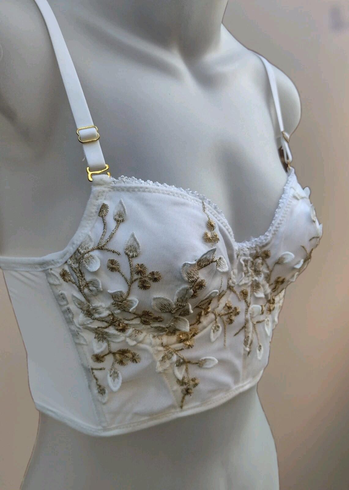 White Gold Embroidered Corset Top Boned Fairy Coquette Bridal Romantic Soft Girl