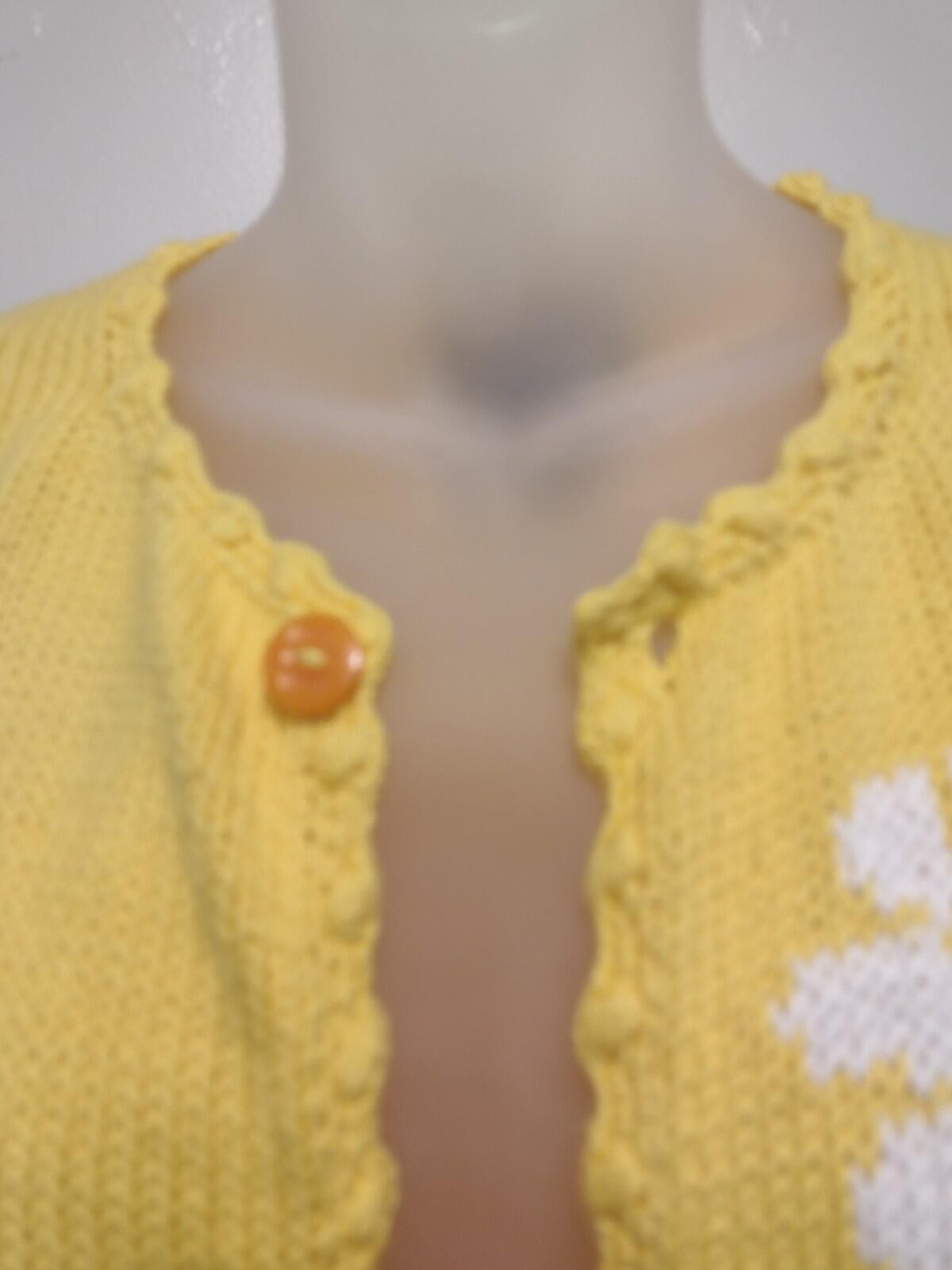 Rey Wear Hand Knit Bolivia Cotton Daisy Cardigan M Popcorn Stitch Yellow