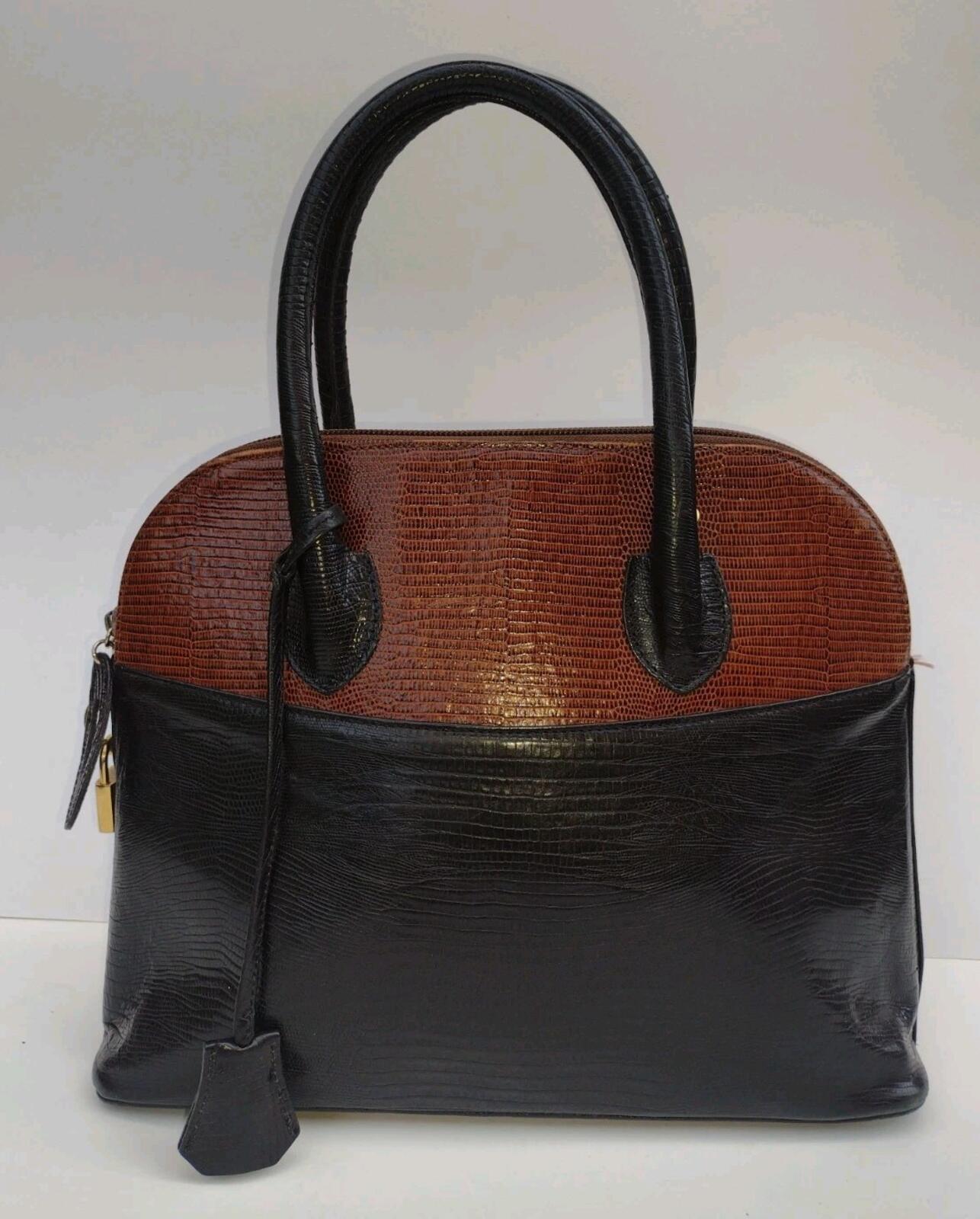 VTG 60s Zenith Canada Embossed Leather Lizard Look Handbag Black Brown Purse