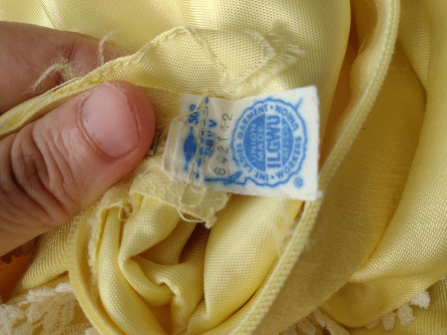 VTG Deadstock 60s ILGWU Yellow Shantung Empire Waist Maxi Dress Lace Trim NOS