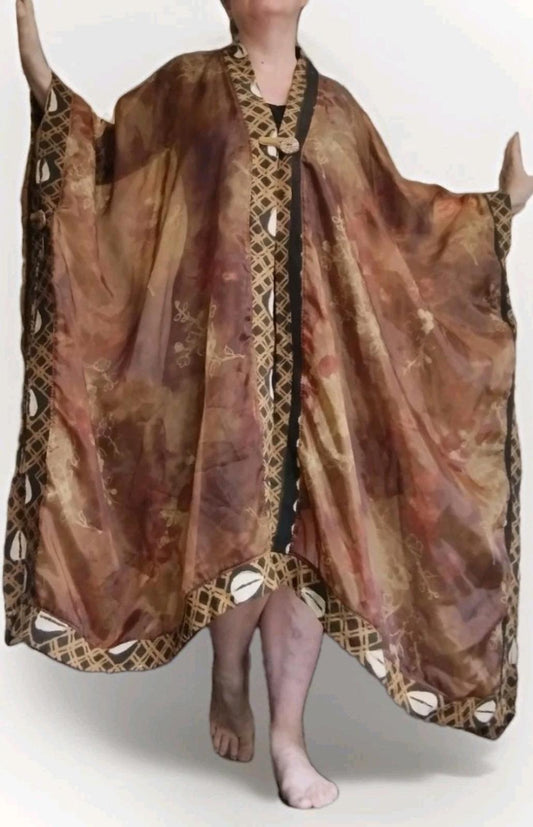 Mina Collection Kaftan Robe Mud Cloth Trim Copper Glow Rare Art to WearOne Size