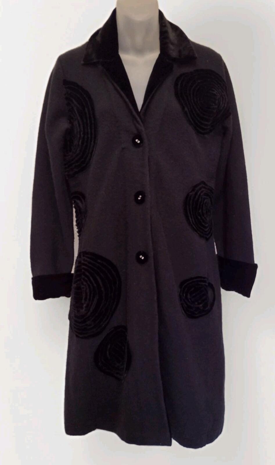 SWE Wool Blend Art to Wear Coat Velvet Applique Black Buttons Women’s Small