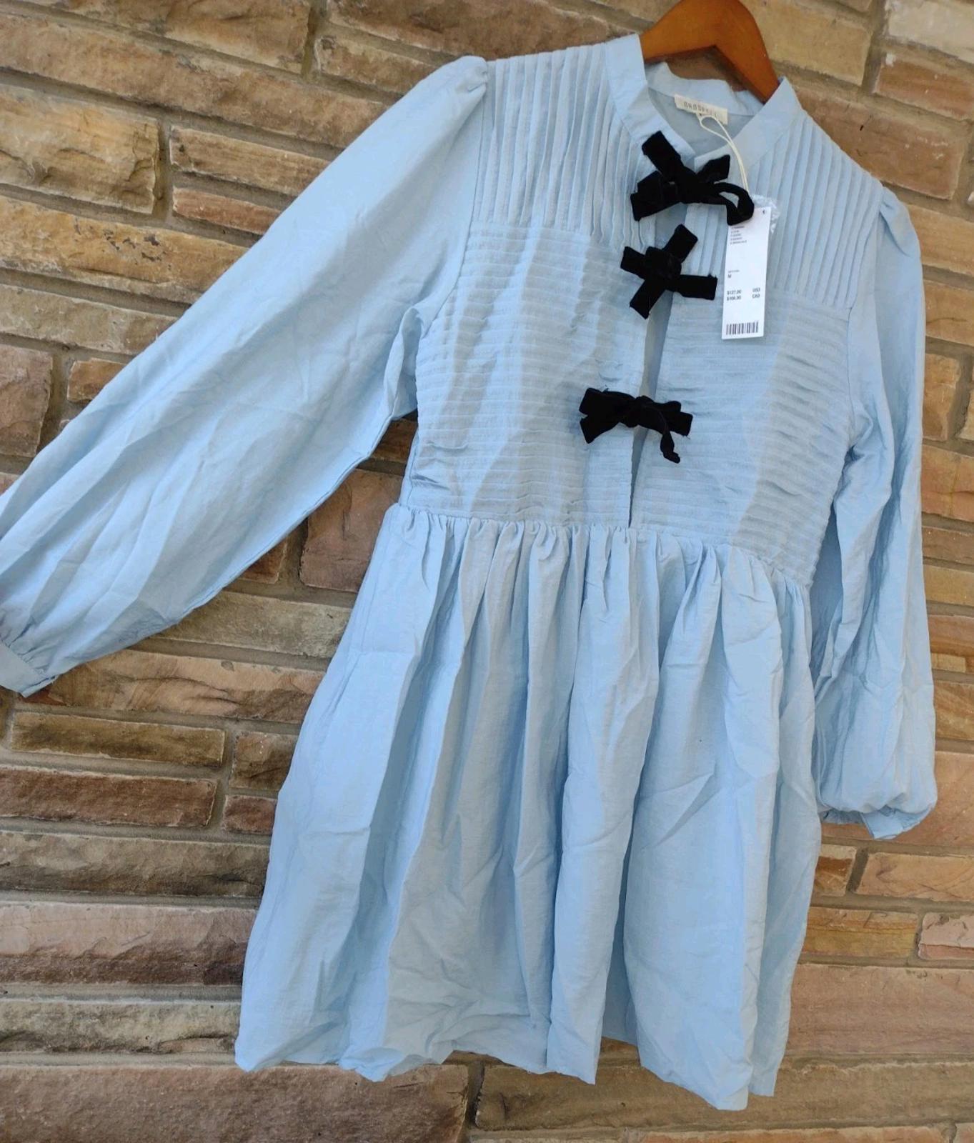 Ghospell  Kylie New With Tags NWT Light Blue Long Sleeve Dress MIDI Velvet Bow M
