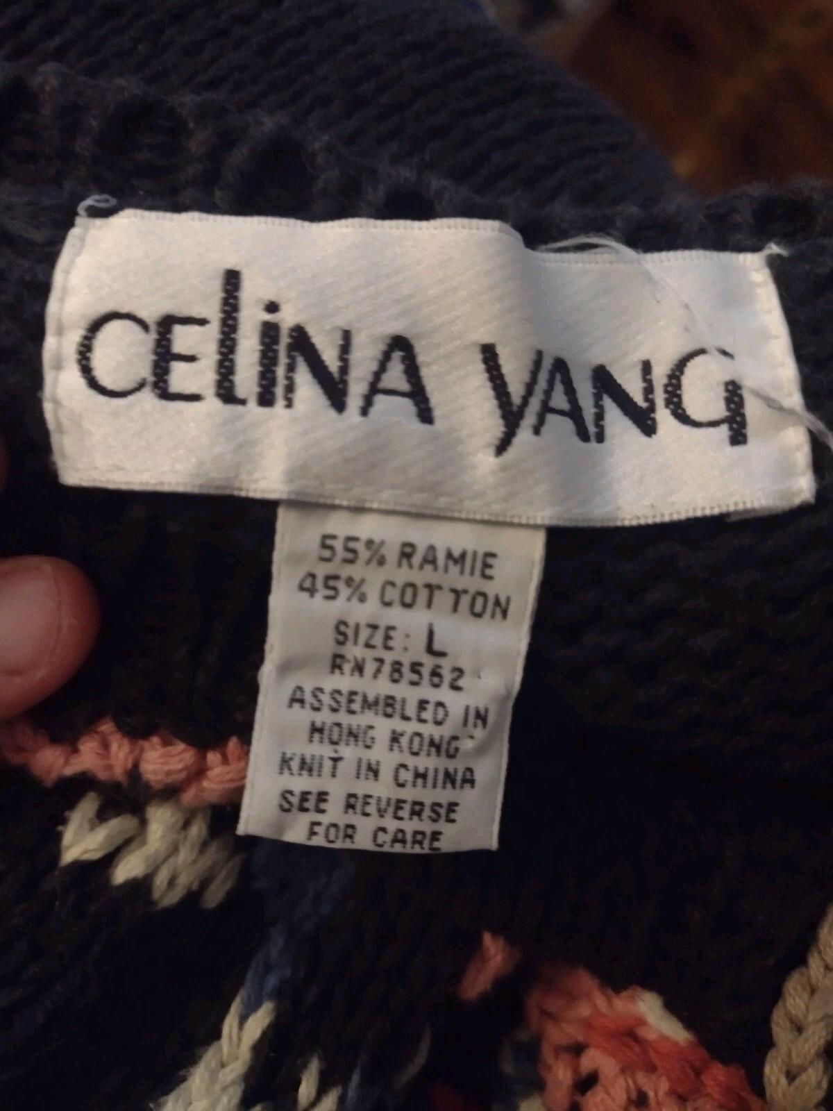 Vintage 80s Celina Yang Floral Intarsia Ramie Cotton Sweater L Hong Kong Knit