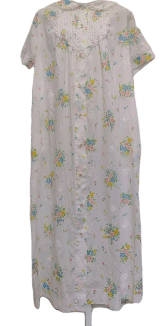 Vintage 60s JCPenney Floral Lace Pintuck Robe L Semi Sheer Cottagecore Pockets