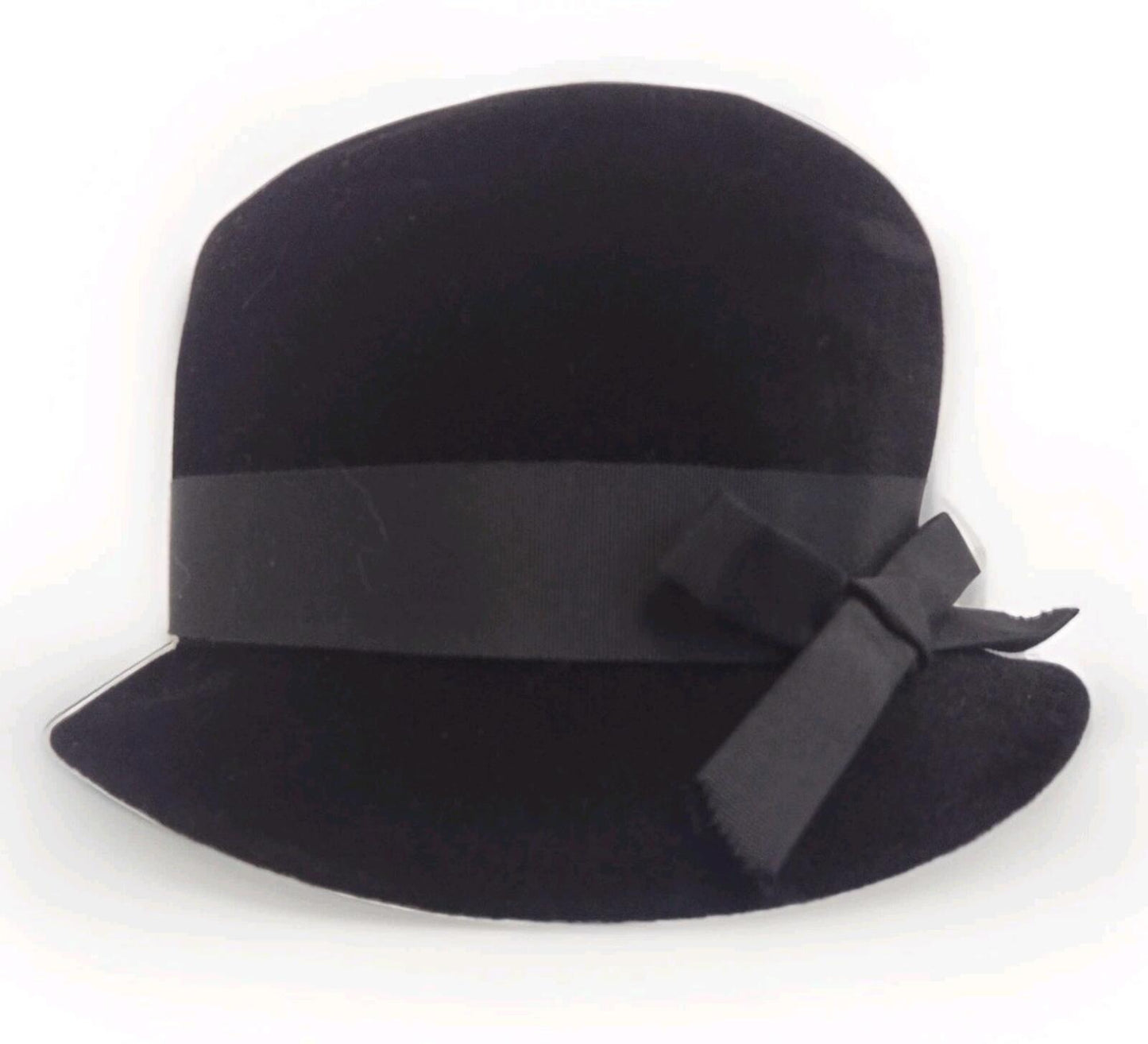 50s Merrimac Peachbloom Velour Black Hat Wired Brim Bow 22