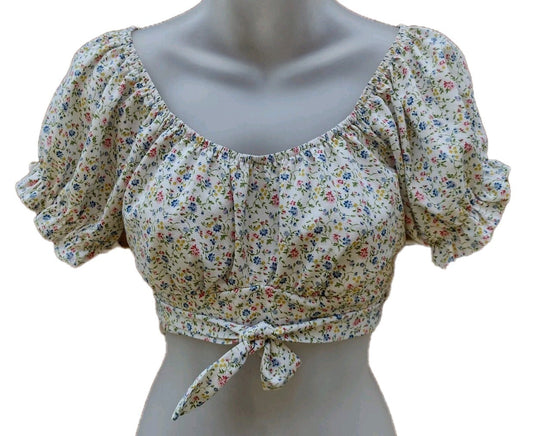 Romwe Floral Milkmaid Crop Top Cottagecore Puff Sleeve Tie Back Blouse M