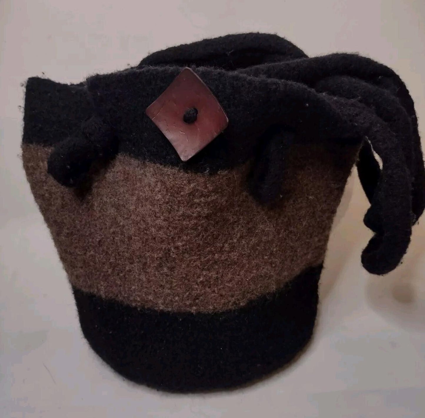 Handmade Wool Tote Bucket Bag Two-tone Brown And Black With Wood Button Accent