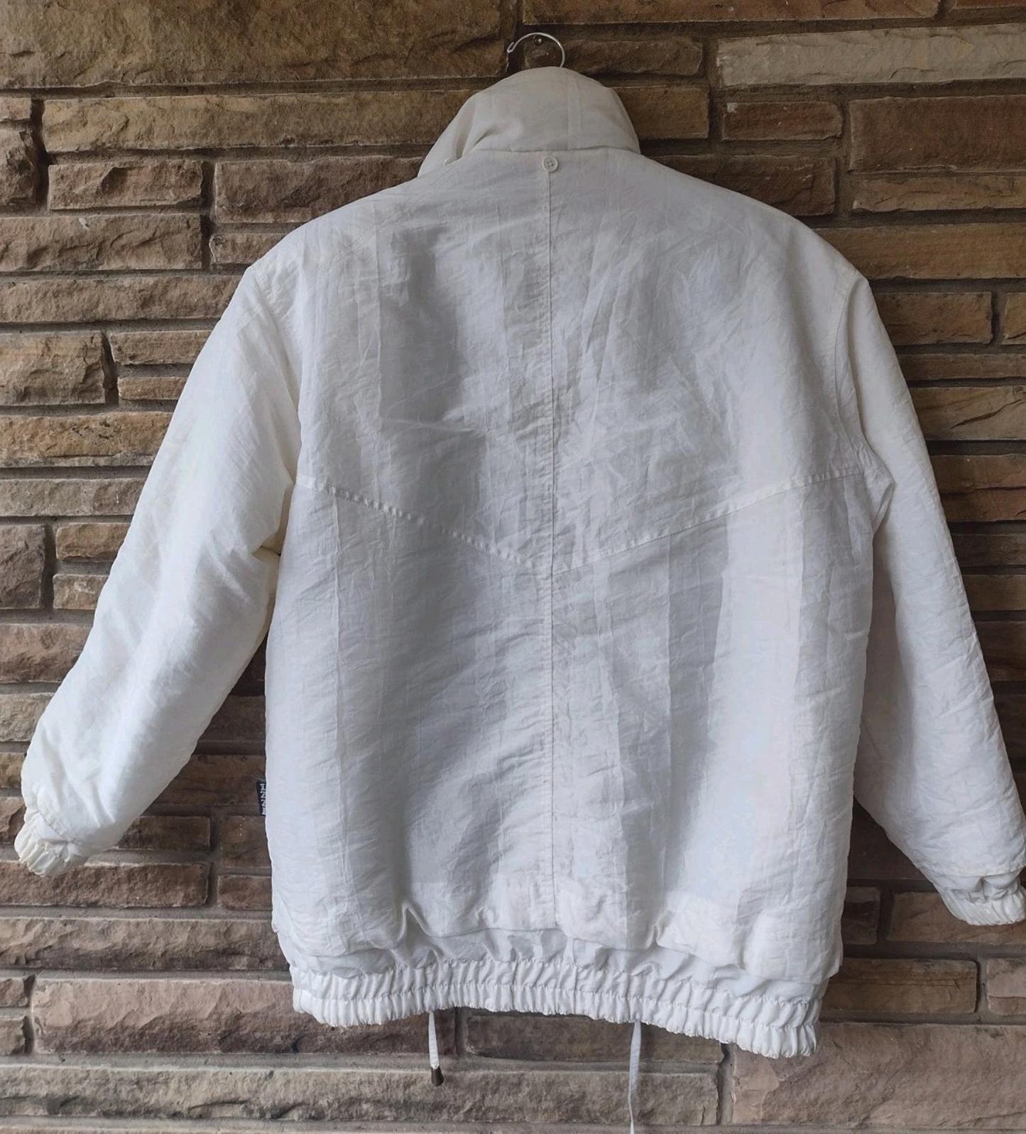 90s Izzi Off White Parka Jacket Genuine Fox Fur Hood Crinkle Nylon Toggle Zip S