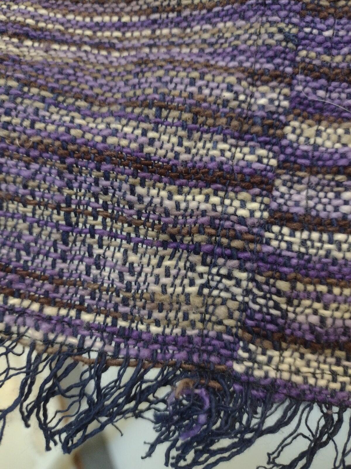 Handwoven Thai Cotton Poncho Purple Striped Fringe Shawl Snap Neck