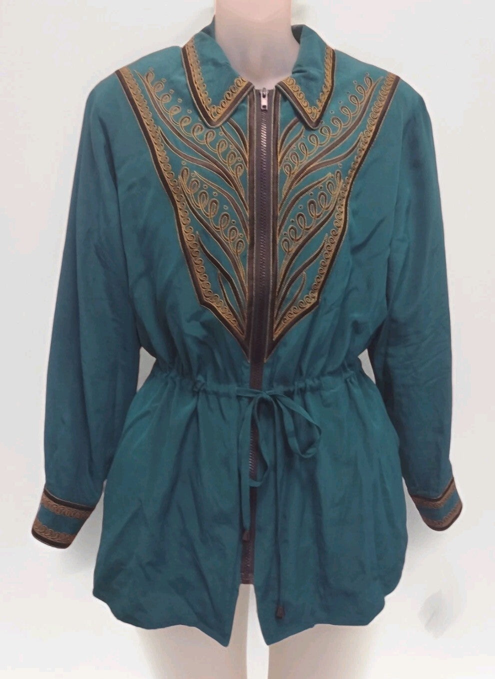 Bob Mackie Wearable Art Silk Jacket Embroidered Teal Western Boho Zip Medium