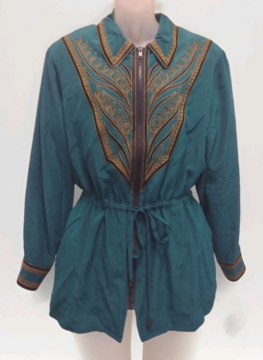 Bob Mackie Wearable Art Silk Jacket Embroidered Teal Western Boho Zip Medium
