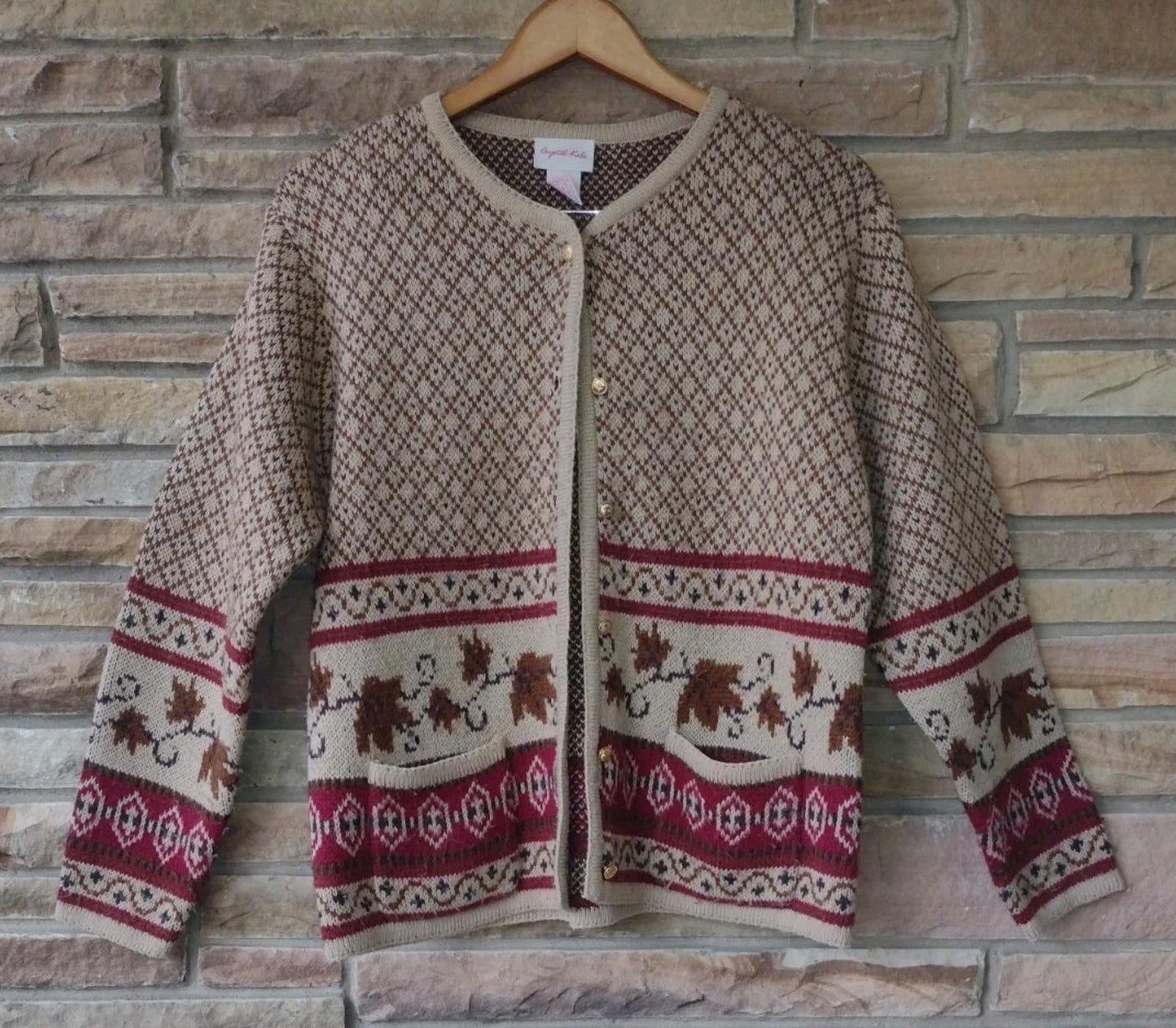 Vintage Crystal-Kobe Leaf Knit Cardigan Small Acrylic Fall Sweater Mexico