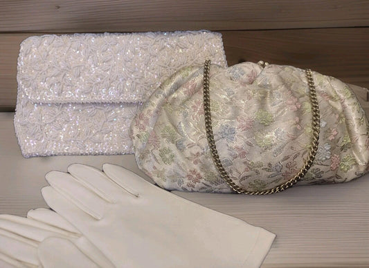 VTG 50s 60s Brocade & British Hong Kong Beaded Clutch Lot w Van Raalte Gloves