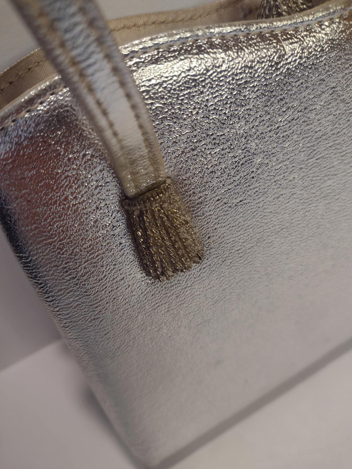 VTG 50s Silver Metallic Frame Bag HL USA Faux Leather Rope Clasp Tassel Detail