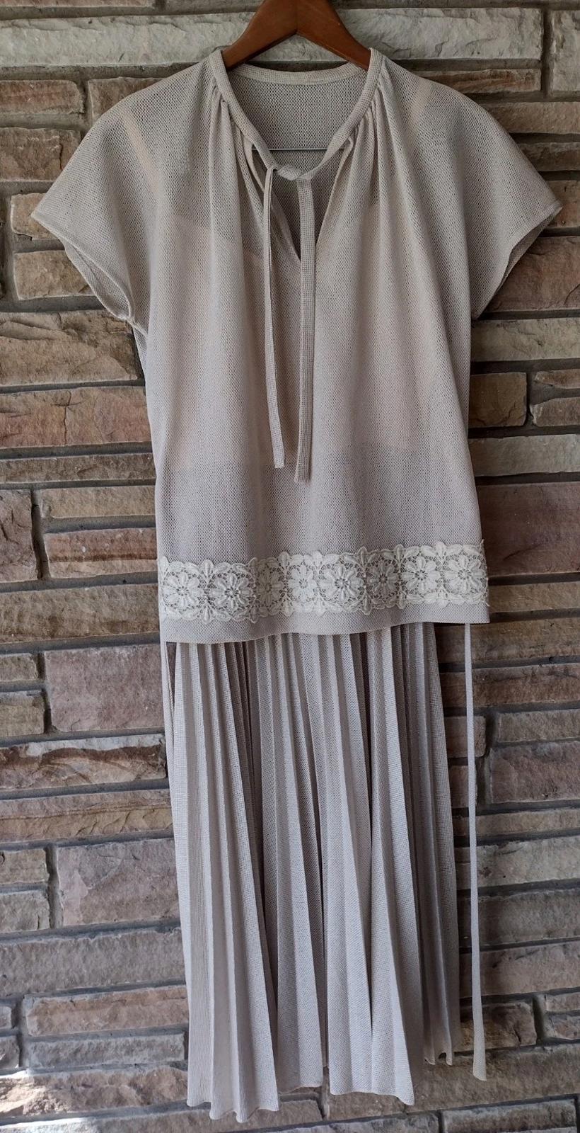 Marion McCoy 60s Mesh Lace 2 Pc Dress Set Pleated Skirt California M Beige