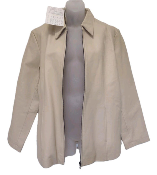NWT  Cream Washable Leather Full Zip Jacket Dialogue The New Language of Style L
