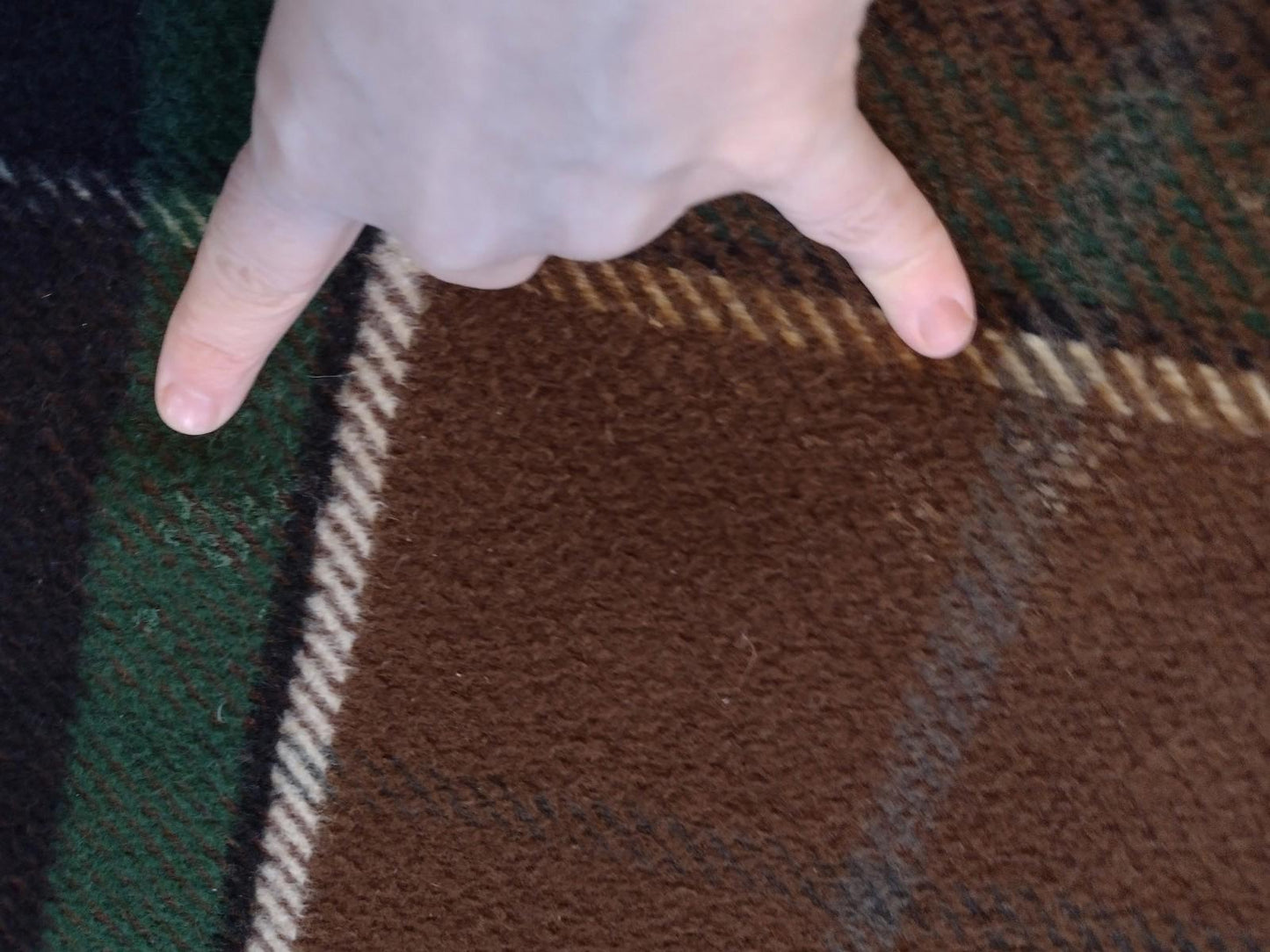 VTG 70s Wool Plaid Stadium Blanket Brown Green Double Cloth Fringe Monogram S