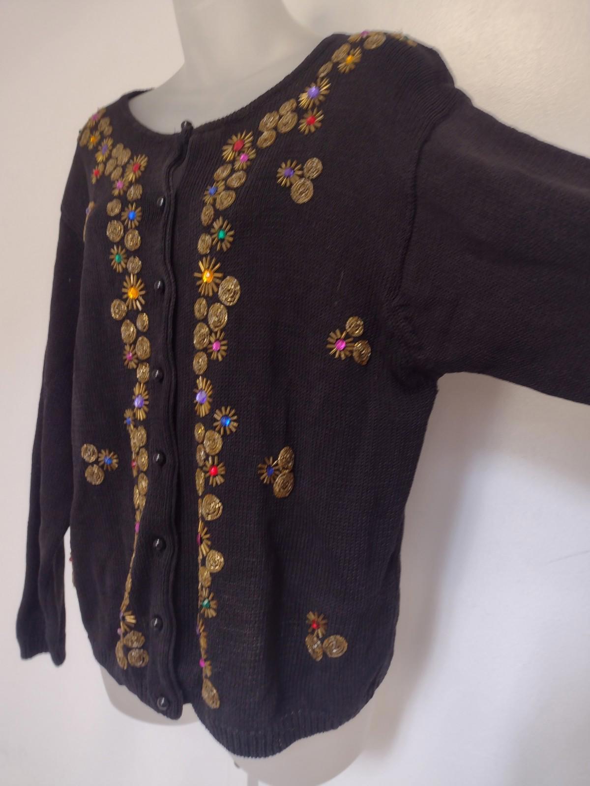 Vintage Trimmings Ramie Cotton Beaded Cardigan Sweater M Black Embellished