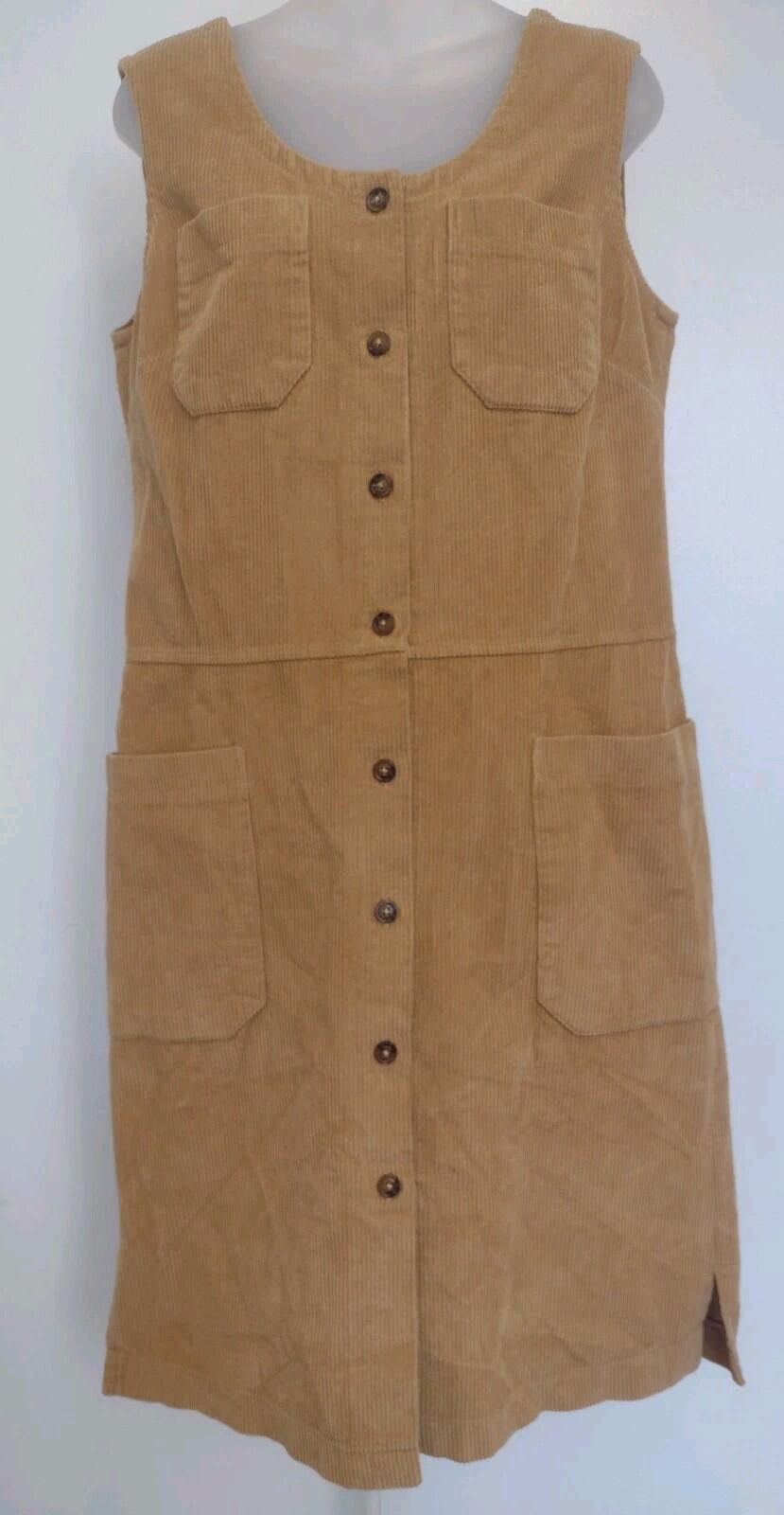 Vermont Country Store Tan Corduroy Jumper Dress Small Button Front Pockets
