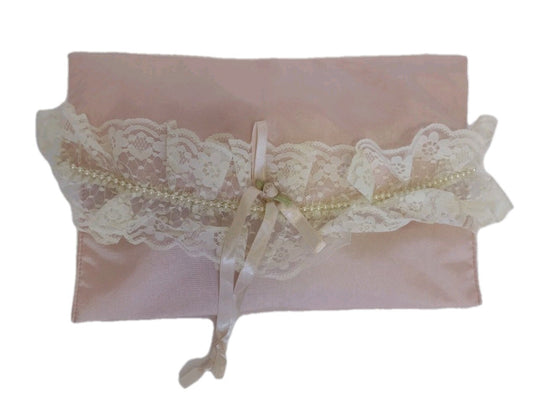 Vintage 80s Victoria's Secret Satin Lingerie Pouch Clutch Pink Lace Pearl Bridal