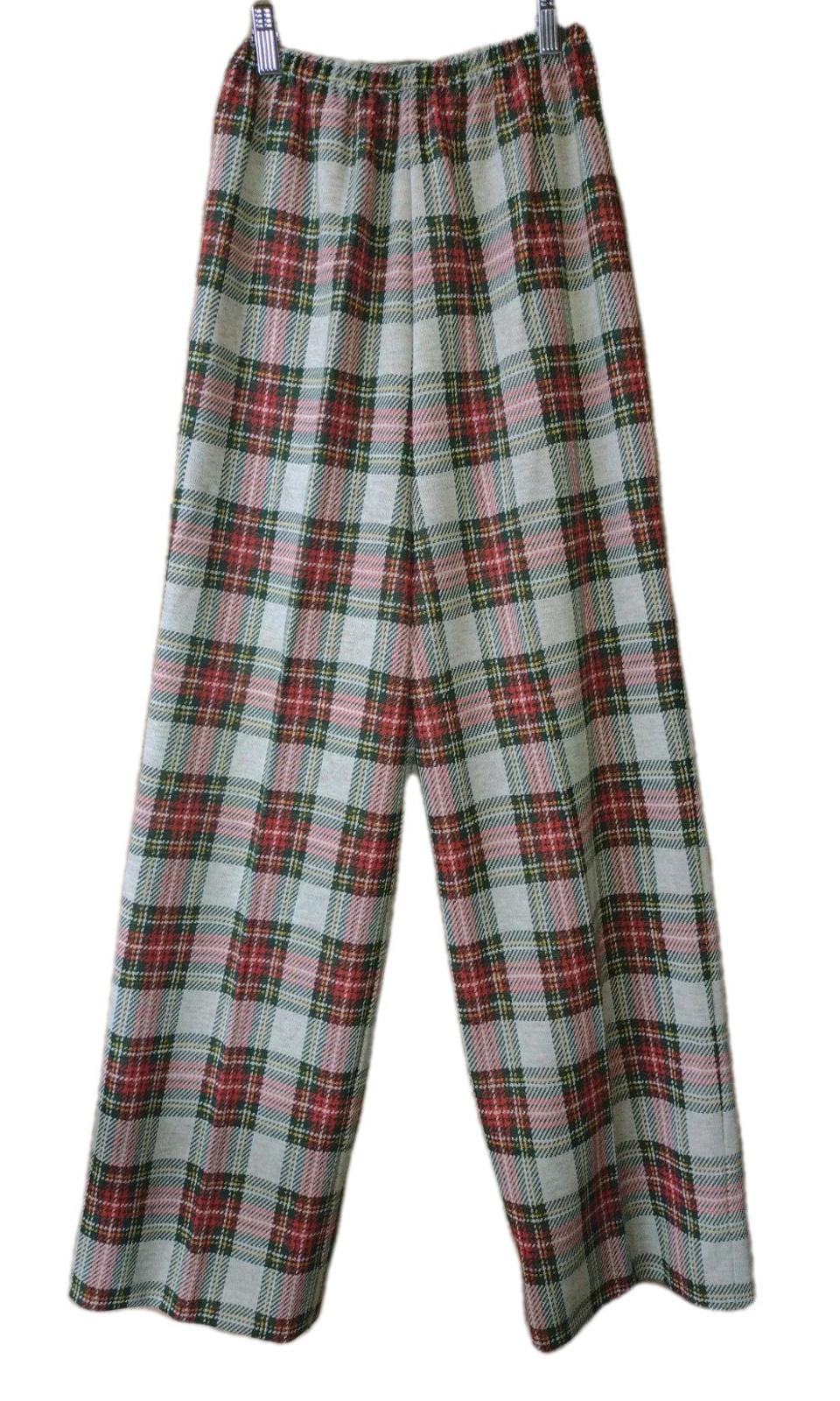 Vintage 70s Plaid Double Knit Wide Leg Pants Elastic Waist Red Green Lounge