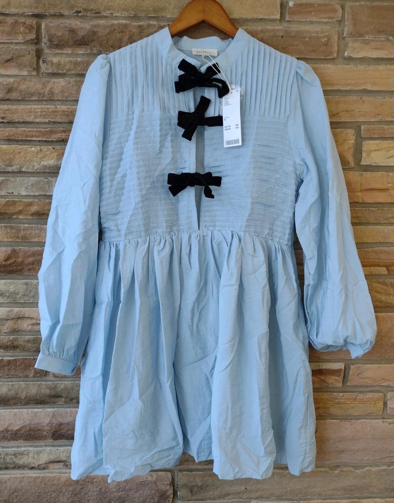 Ghospell  Kylie New With Tags NWT Light Blue Long Sleeve Dress MIDI Velvet Bow M