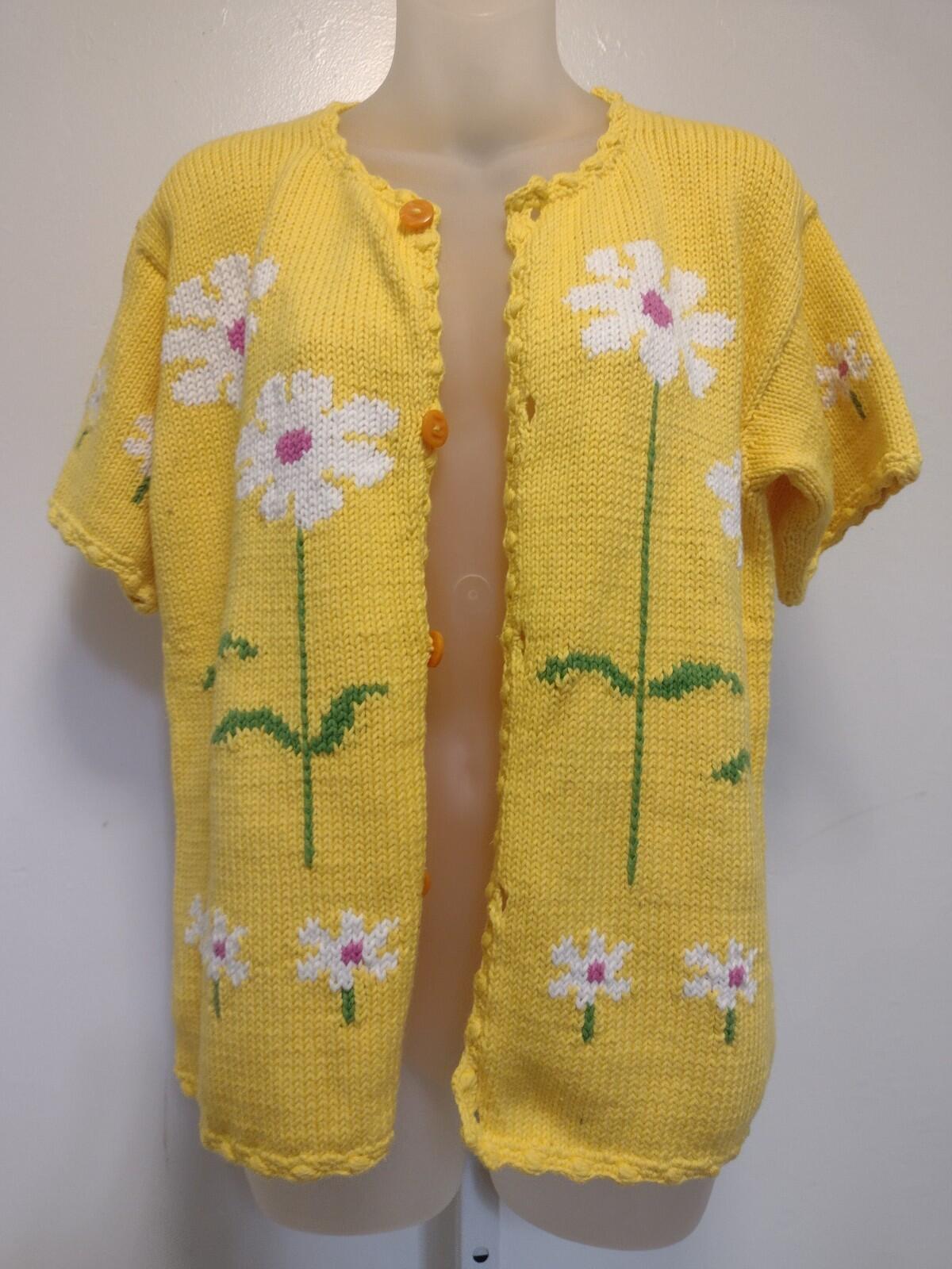 Rey Wear Hand Knit Bolivia Cotton Daisy Cardigan M Popcorn Stitch Yellow