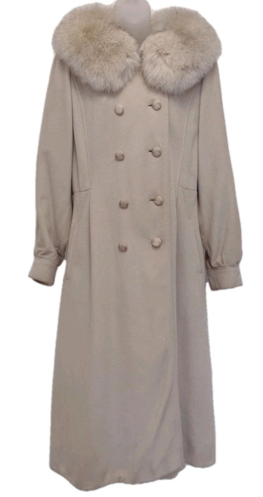 VTG 50s Youthcraft Beige Cashmere Blend Coat Fox Fur Collar Double Breasted Sz S