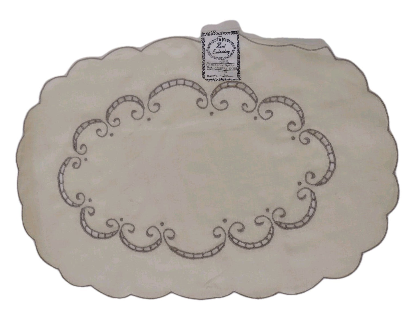 Vintage Boutross Madeira Linen Placemat Napkin Set 12 Hand Embroidered Cutwork