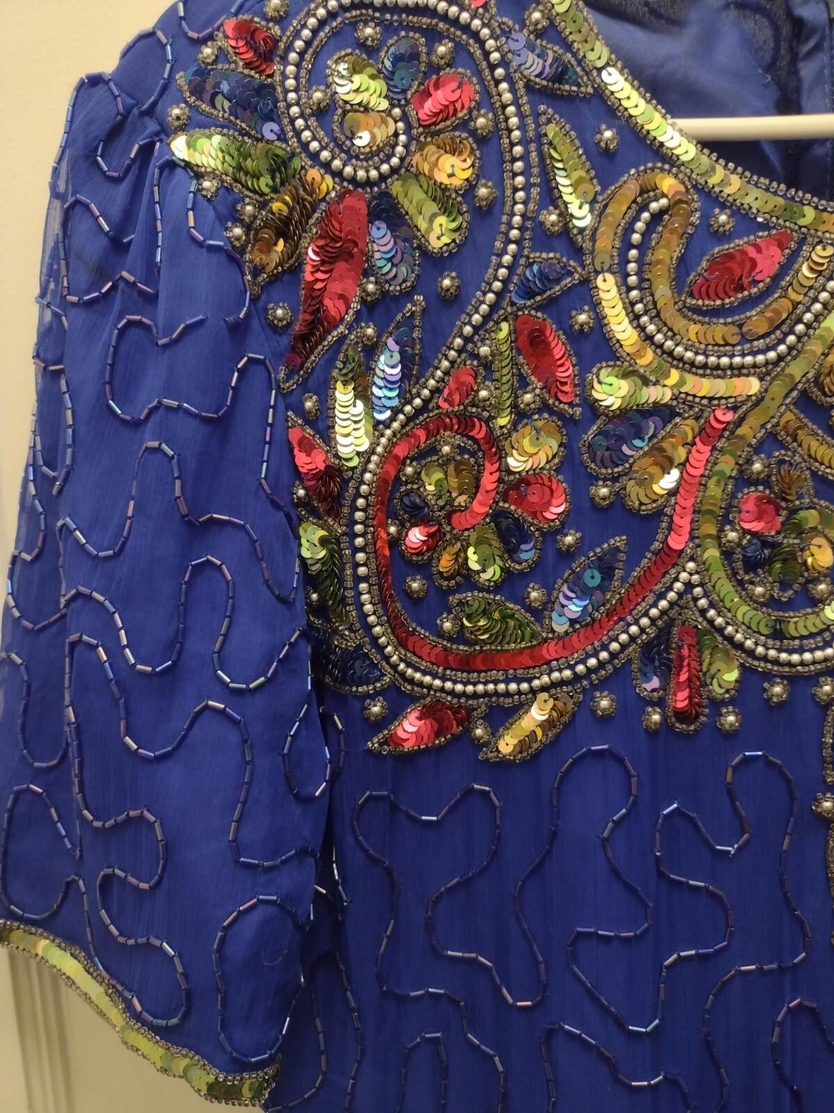 Denise Elle Vintage 80s Blue Beaded Sequin Silk Dress Sz L