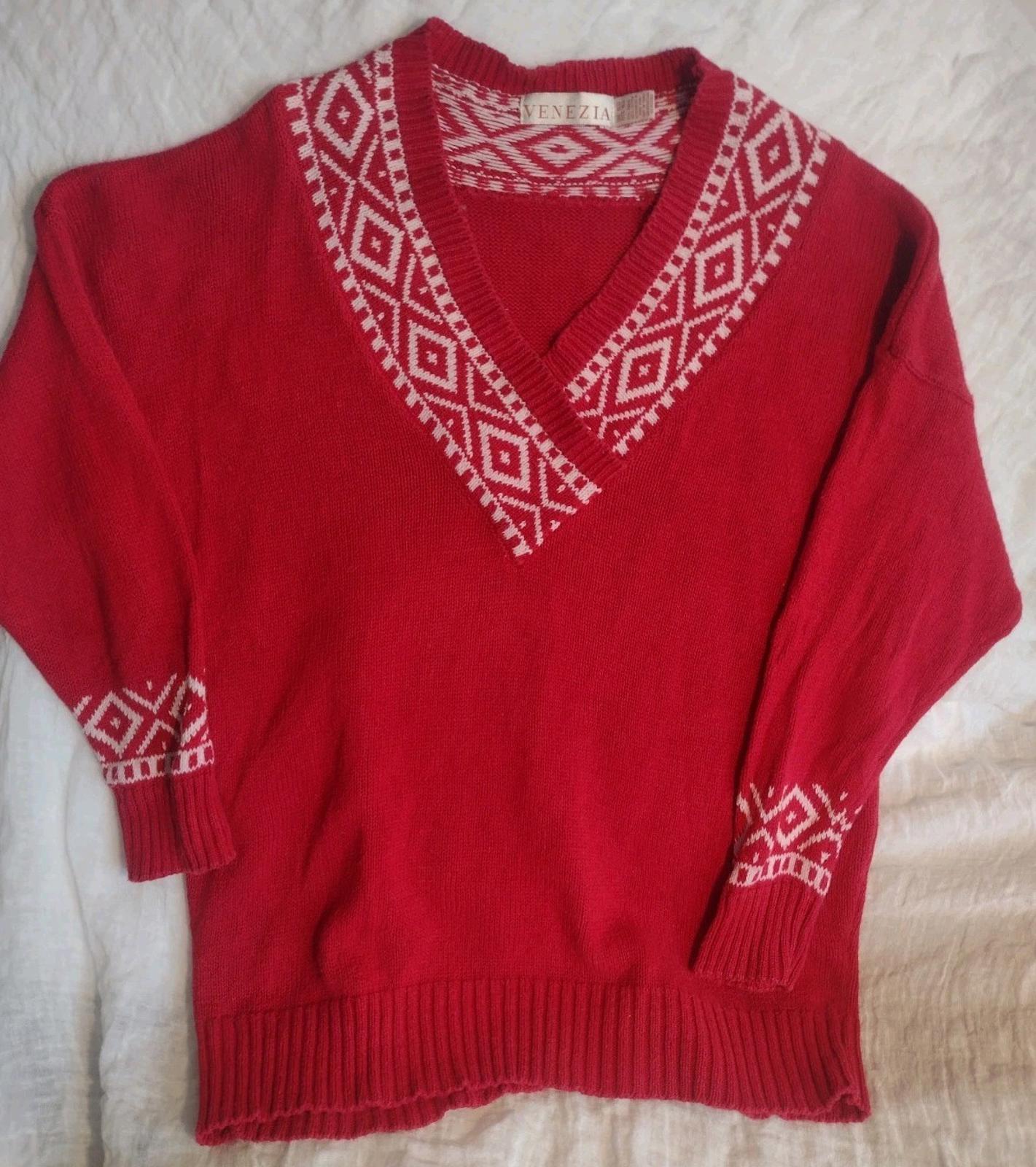 Rare 80s Vintage Venezia Red Nordic Ramie Cotton Sweater OSFA Hong Kong 80s