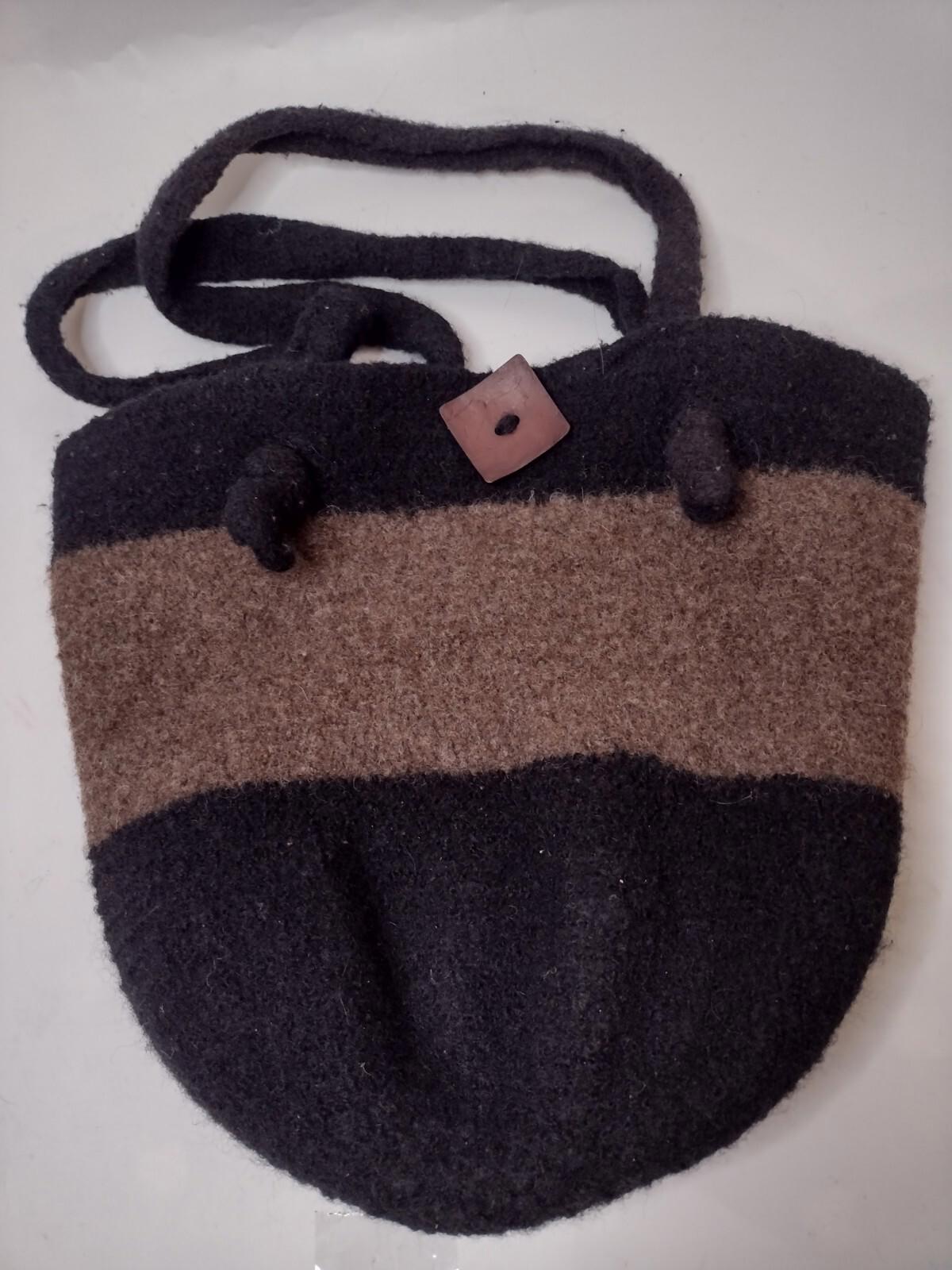 Handmade Wool Tote Bucket Bag Two-tone Brown And Black With Wood Button Accent