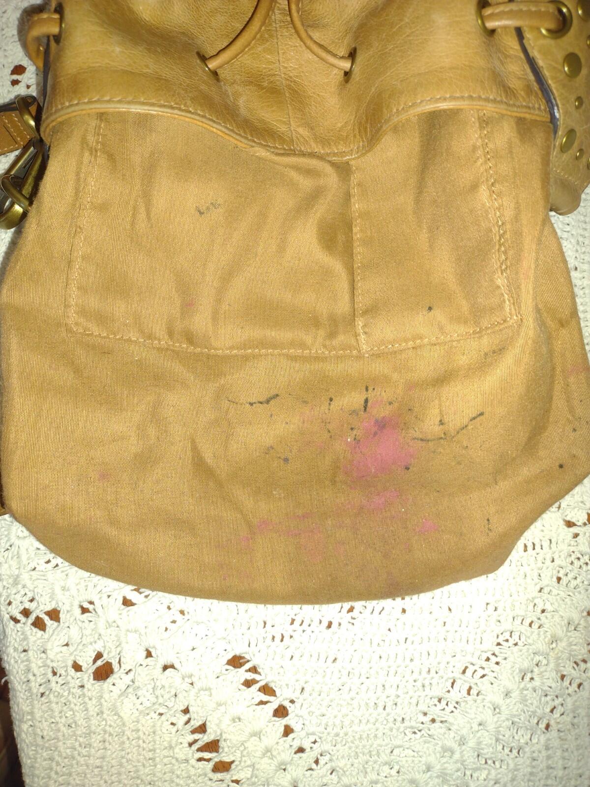 Vintage Tan Leather Drawstring Shoulder Bag Waxed Distressed Finish Stud Accents